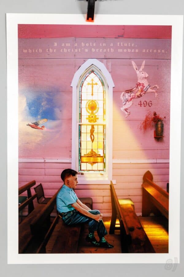 Vintage Art Print Church Interior Boy Pew Surrealist Collage Poster